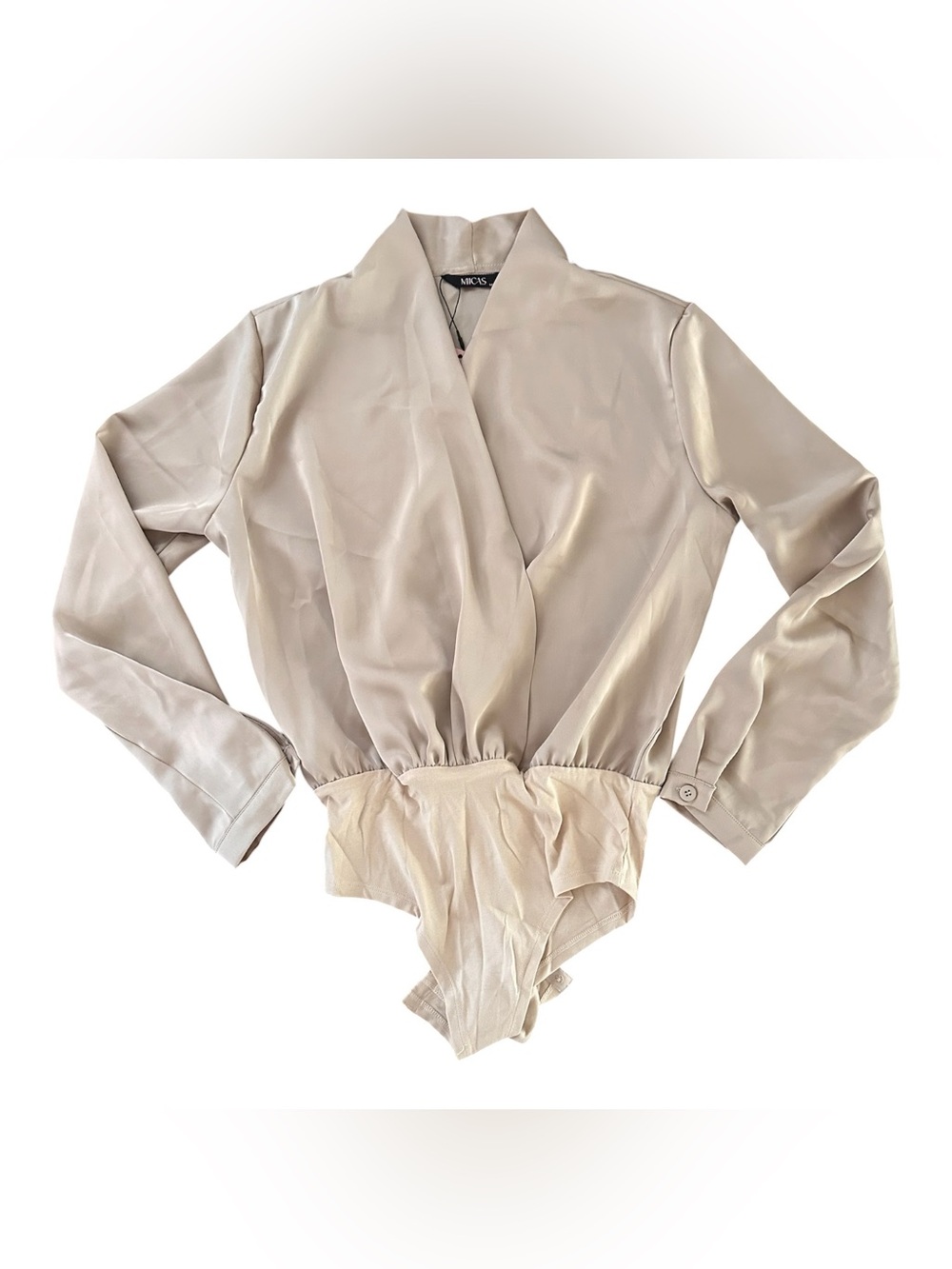 MICAS Women's Taupe Tan Bodysuit Satin Finish Long Sleeve